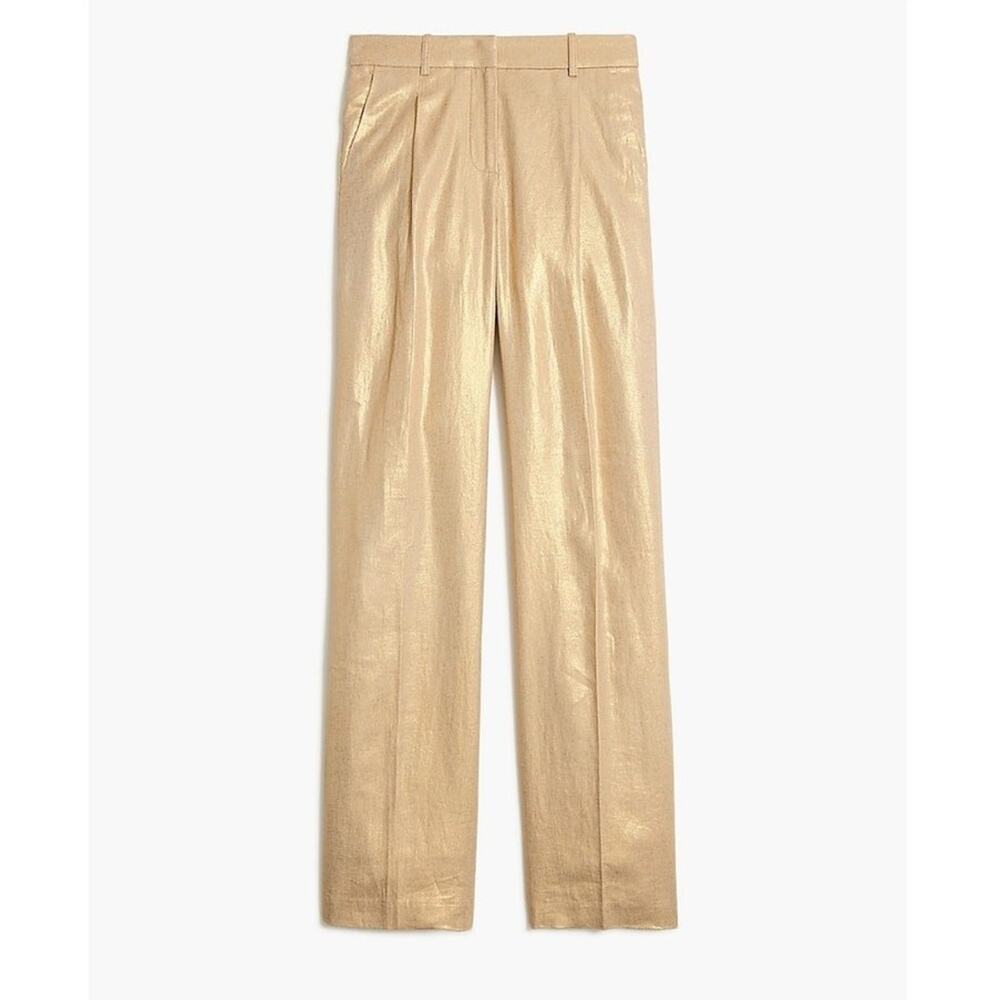 J.Crew Pants WMNS 2P Gold Pleated Wide Leg Metallic Linen Blend Modern Glam